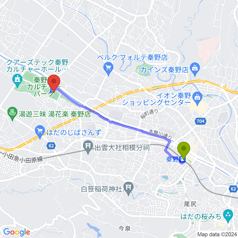 秦野駅から中栄信金スタジアム秦野へのルートマップ地図