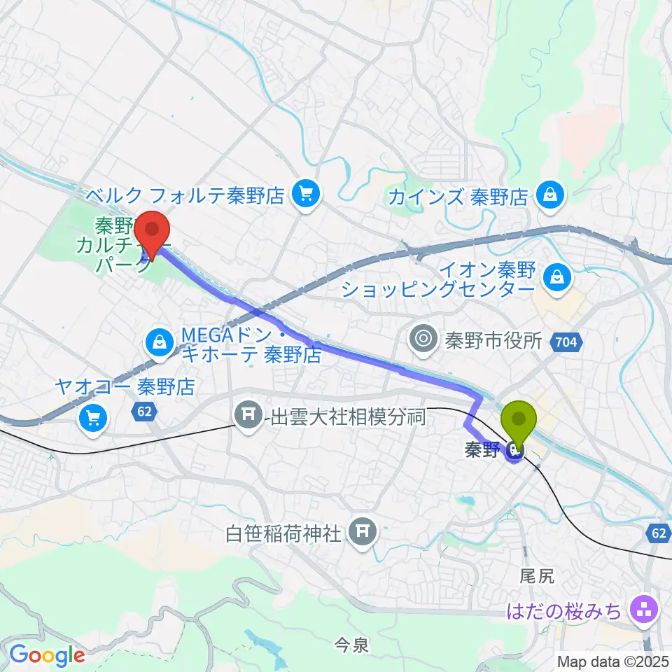 秦野駅から中栄信金スタジアム秦野へのルートマップ地図