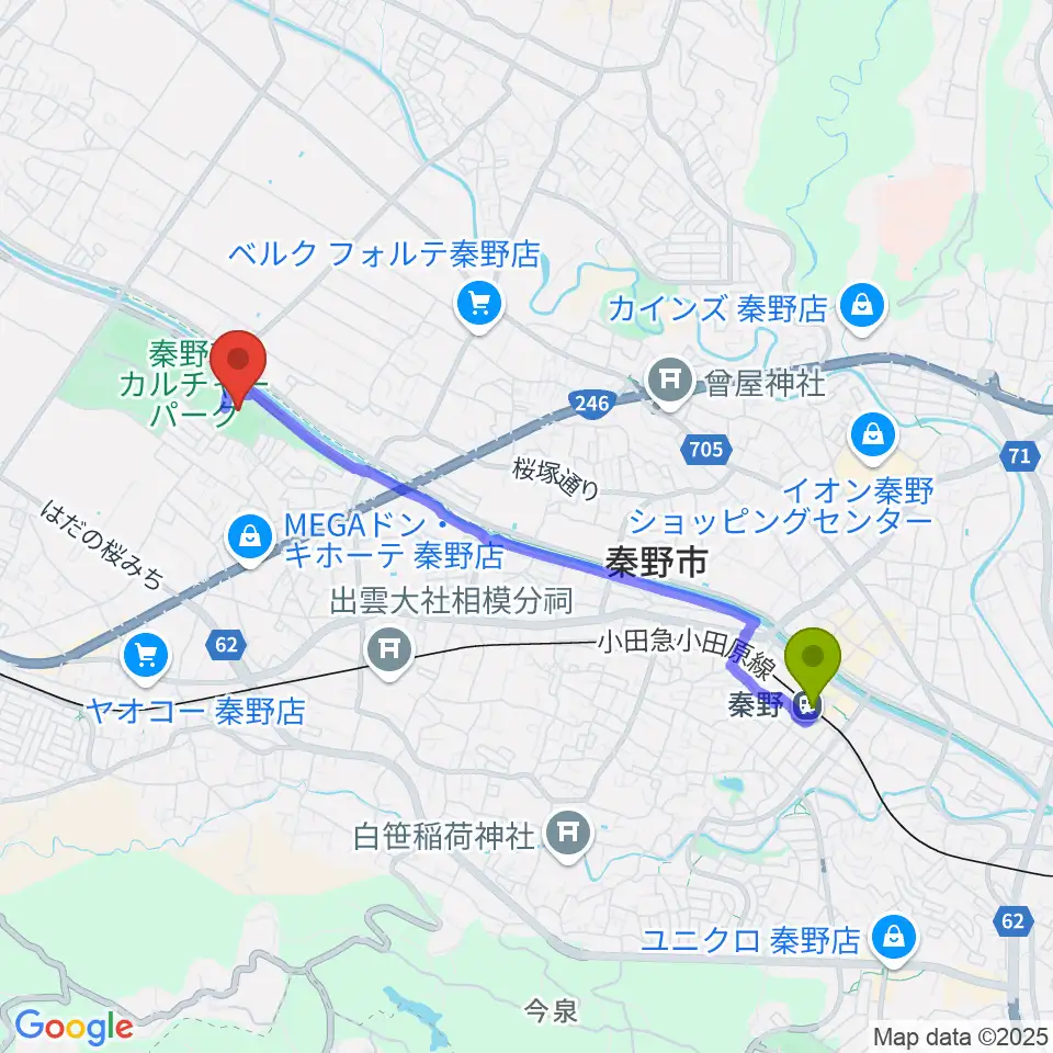 秦野駅から中栄信金スタジアム秦野へのルートマップ地図