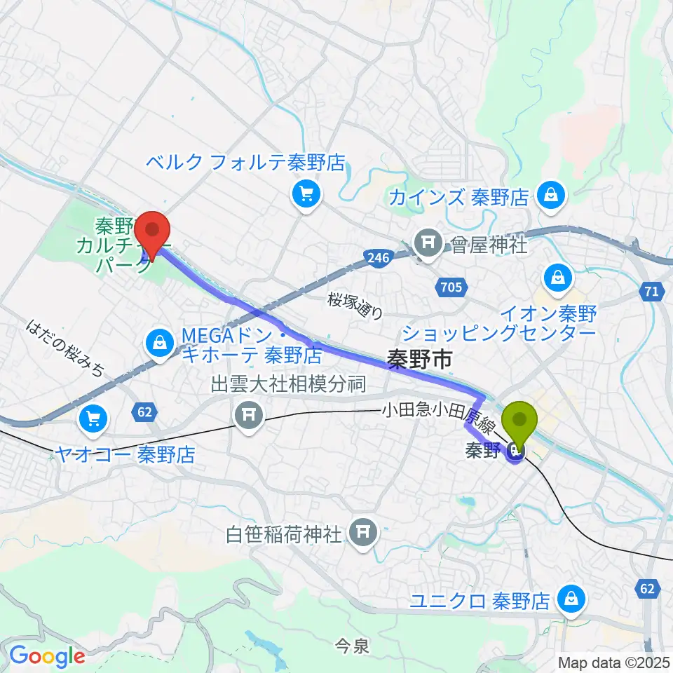 秦野駅から中栄信金スタジアム秦野へのルートマップ地図