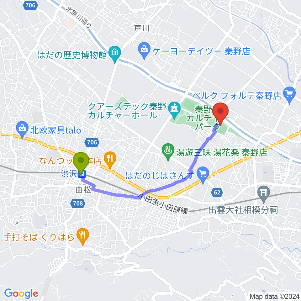 中栄信金スタジアム秦野の最寄駅渋沢駅からの徒歩ルート（約31分）地図