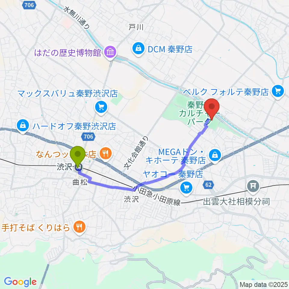 中栄信金スタジアム秦野の最寄駅渋沢駅からの徒歩ルート（約31分）地図