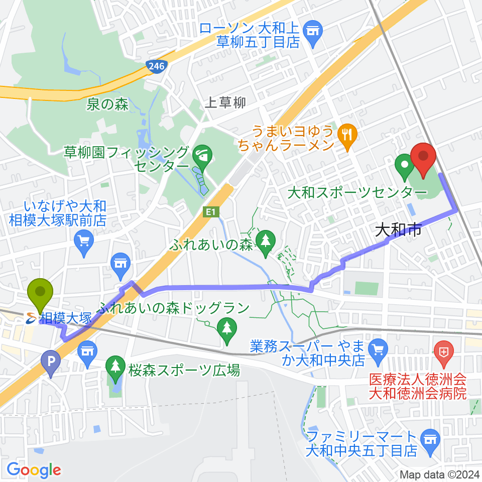 相模大塚駅から大和なでしこスタジアムへのルートマップ地図