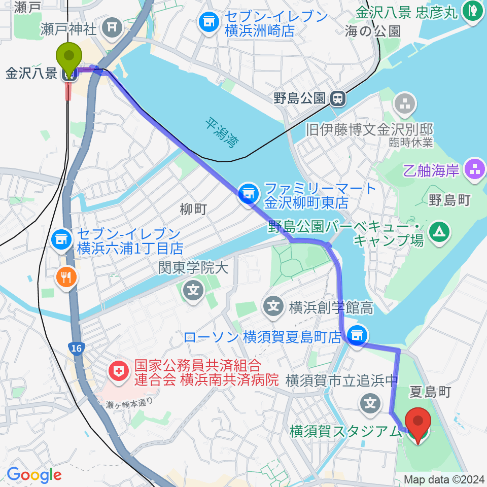 金沢八景駅から横須賀スタジアムへのルートマップ地図