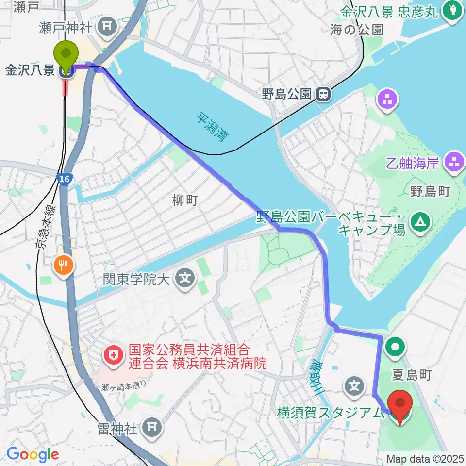 金沢八景駅から横須賀スタジアムへのルートマップ地図