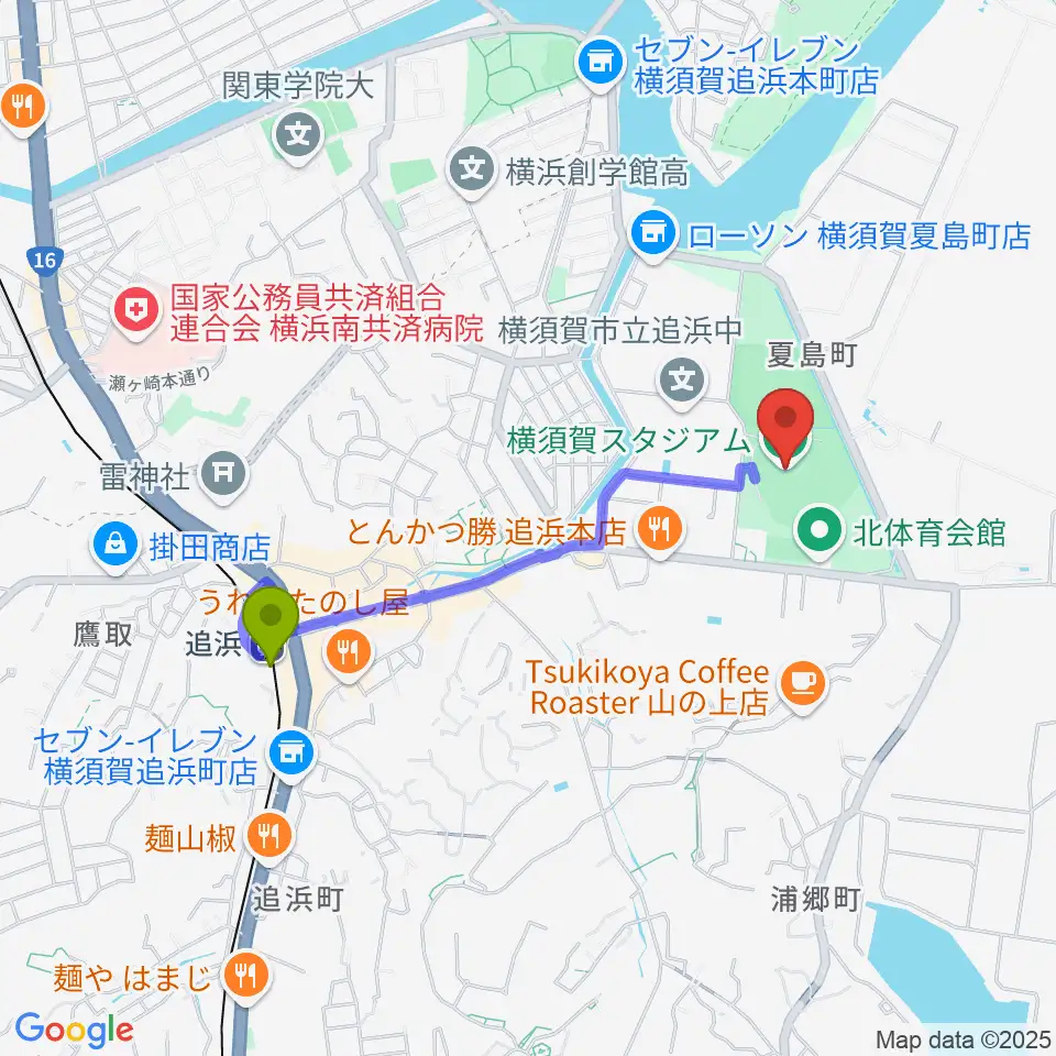 横須賀スタジアムの最寄駅追浜駅からの徒歩ルート（約16分）地図