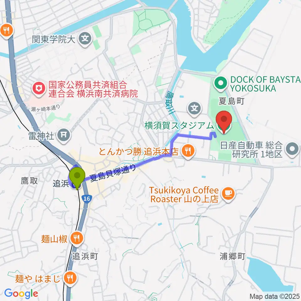 横須賀スタジアムの最寄駅追浜駅からの徒歩ルート（約16分）地図