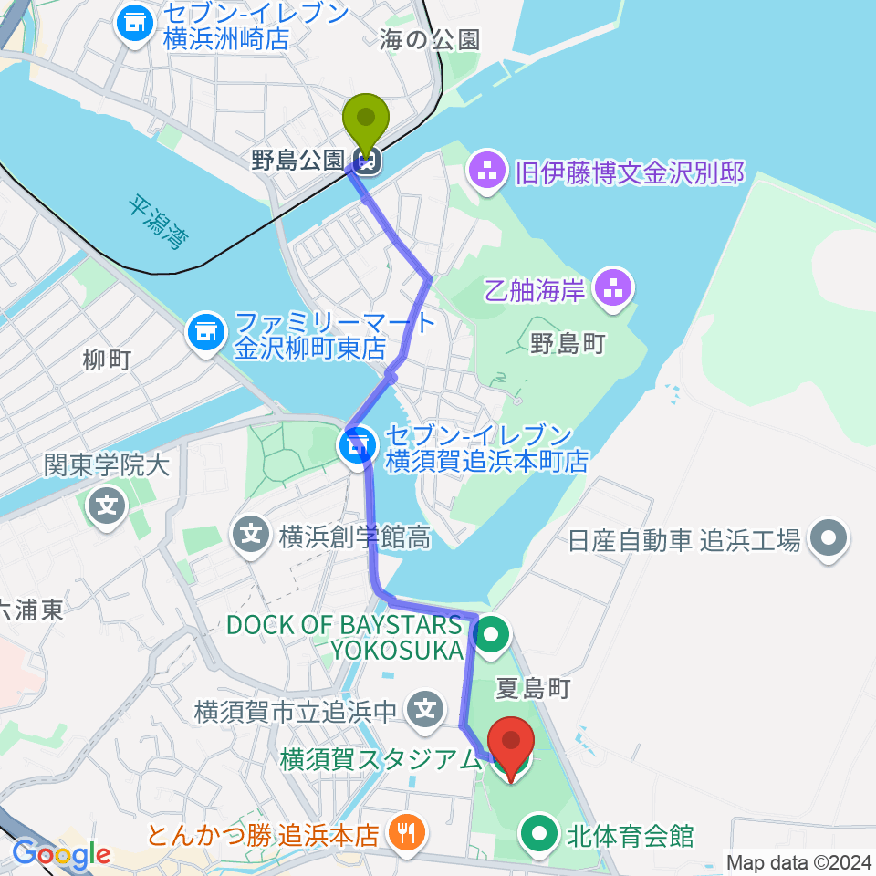 野島公園駅から横須賀スタジアムへのルートマップ地図