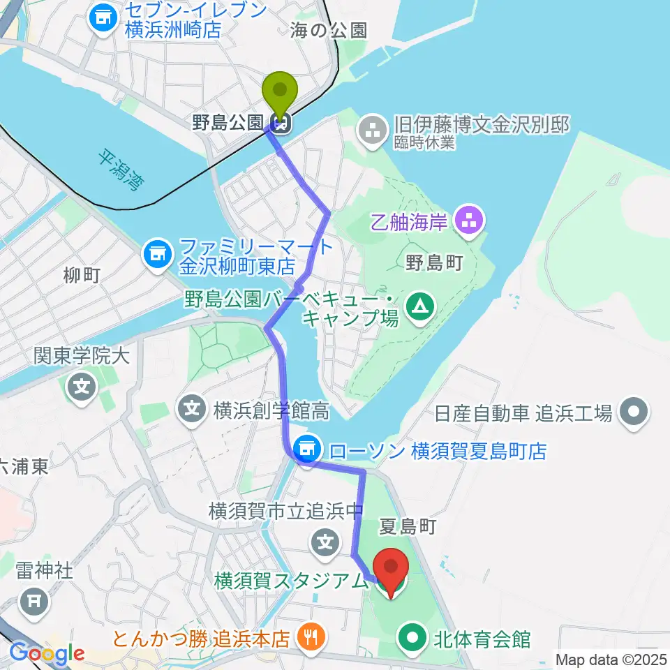 野島公園駅から横須賀スタジアムへのルートマップ地図