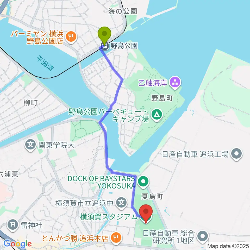 野島公園駅から横須賀スタジアムへのルートマップ地図