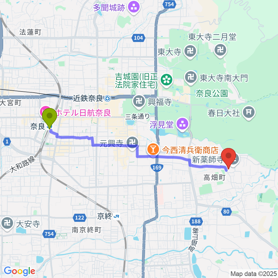 奈良駅から入江泰吉記念奈良市写真美術館へのルートマップ地図