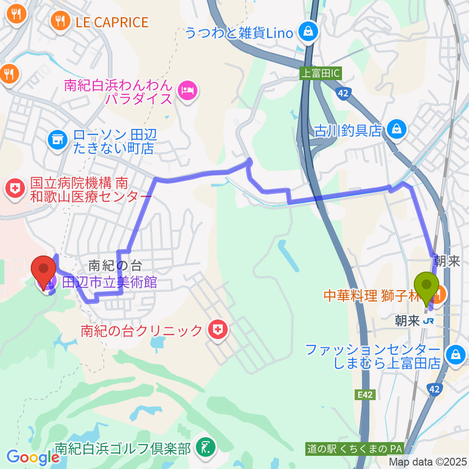 田辺市立美術館の最寄駅朝来駅からの徒歩ルート（約26分）地図