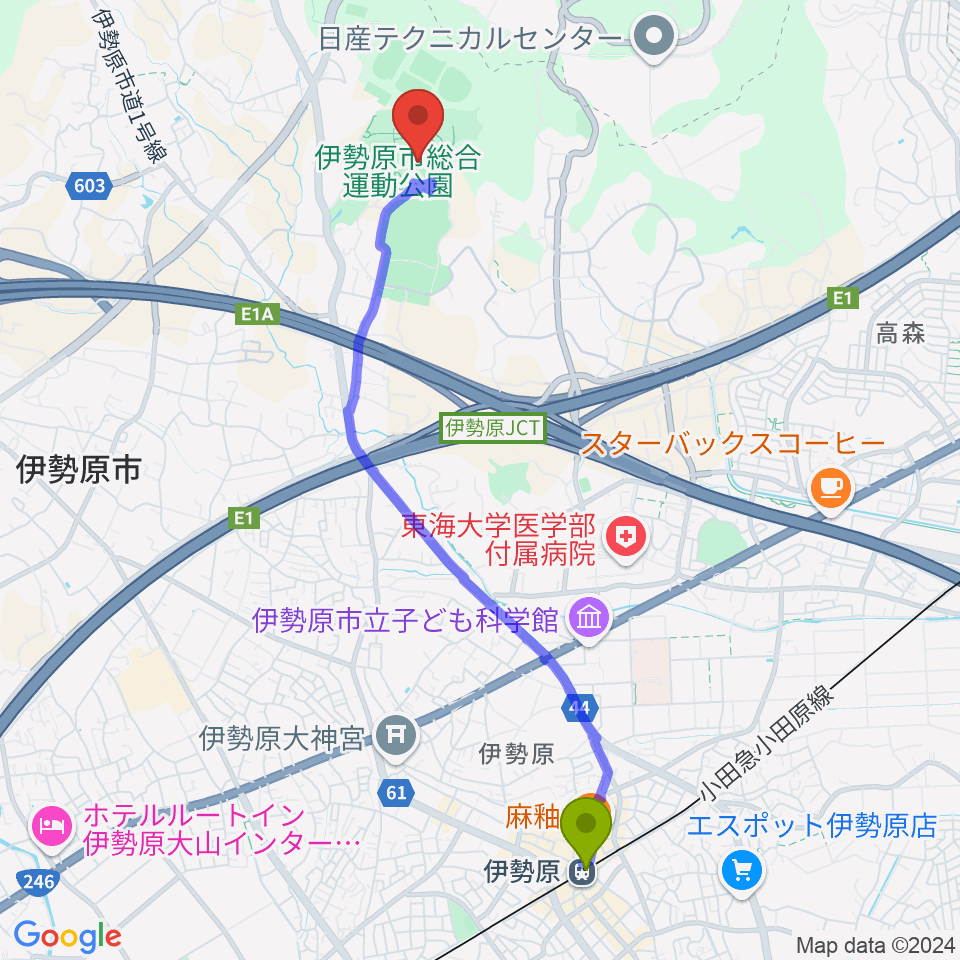 いせはらサンシャイン・スタジアム 伊勢原球場の最寄駅伊勢原駅からの徒歩ルート（約47分）地図