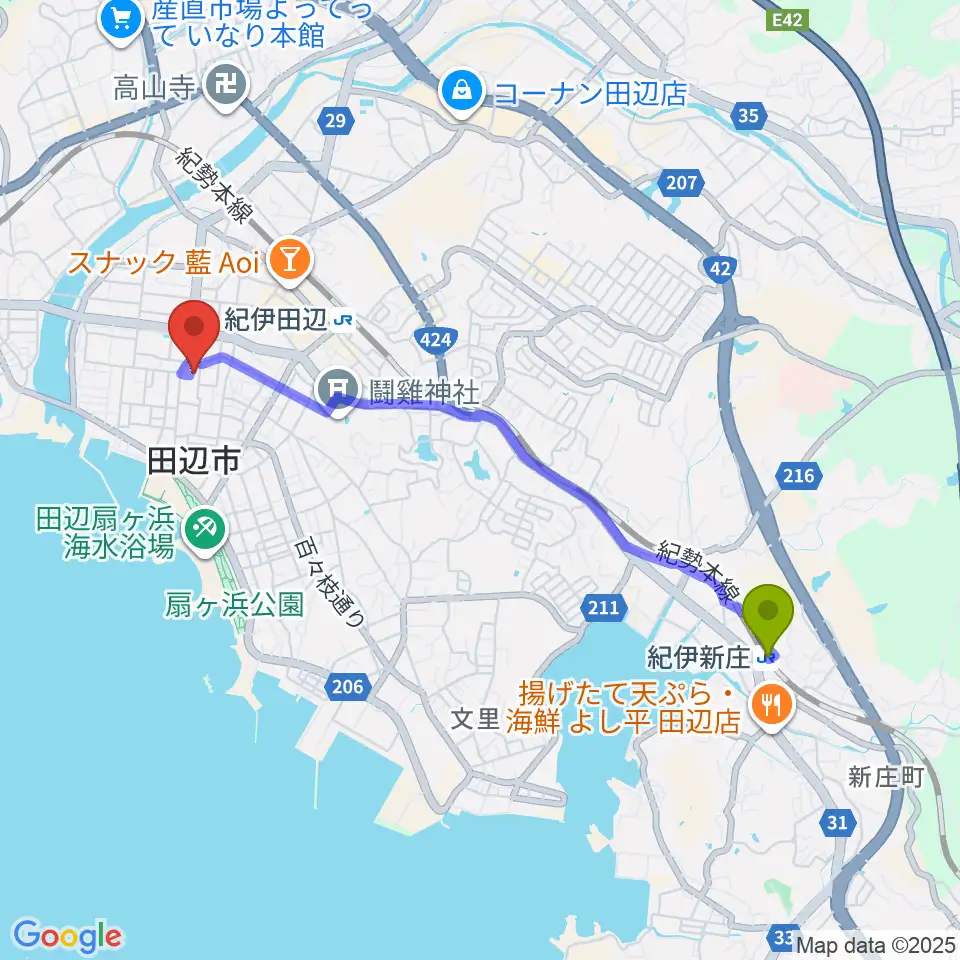 紀伊新庄駅から南方熊楠顕彰館へのルートマップ地図