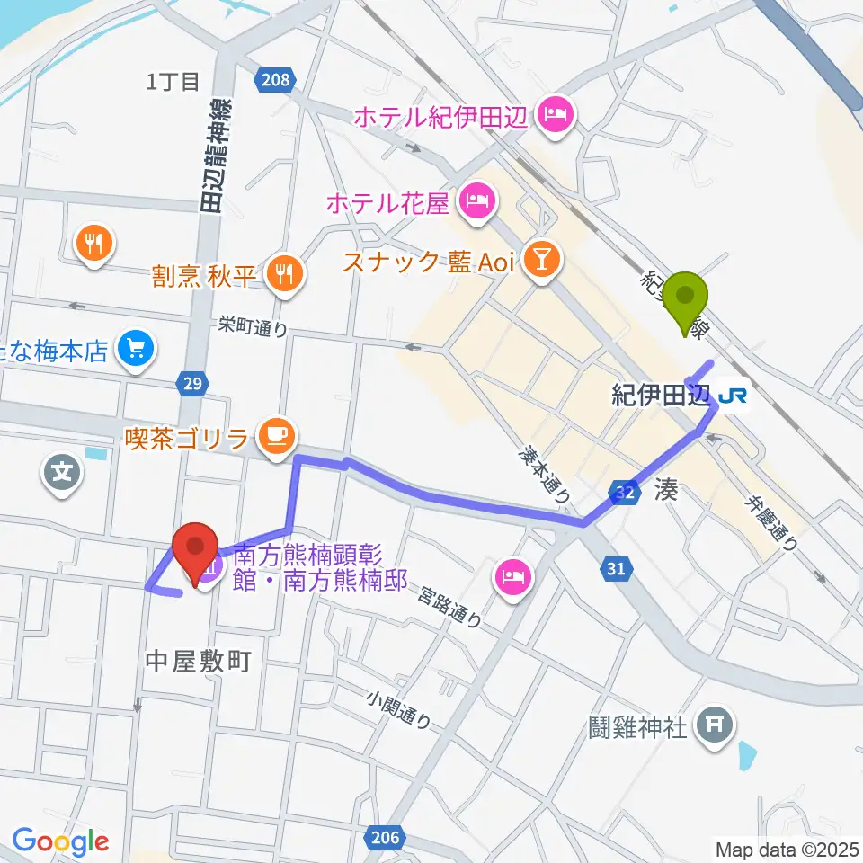 南方熊楠顕彰館の最寄駅紀伊田辺駅からの徒歩ルート（約10分）地図