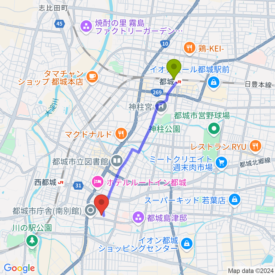 都城駅から都城市立美術館へのルートマップ地図