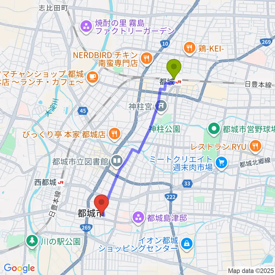 都城駅から都城市立美術館へのルートマップ地図