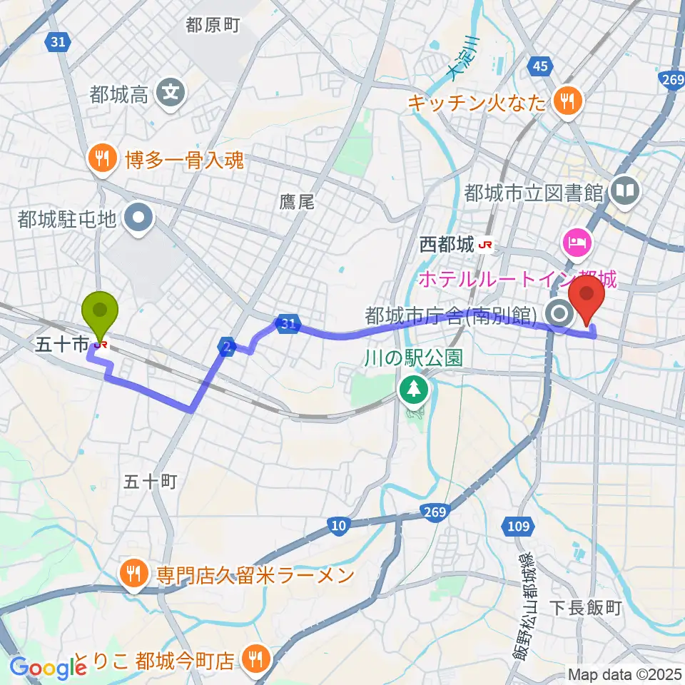 五十市駅から都城市立美術館へのルートマップ地図