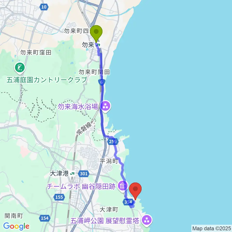 勿来駅から天心記念五浦美術館へのルートマップ地図