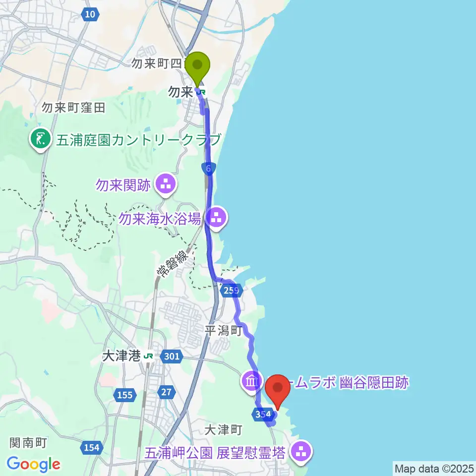 勿来駅から天心記念五浦美術館へのルートマップ地図