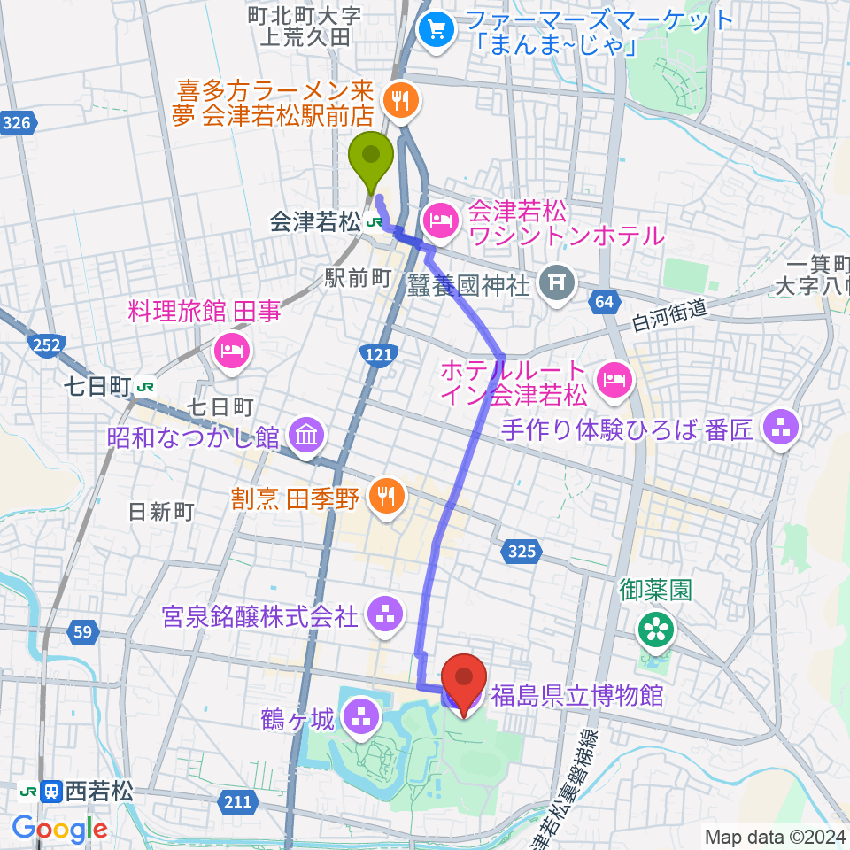 会津若松駅から福島県立博物館へのルートマップ地図