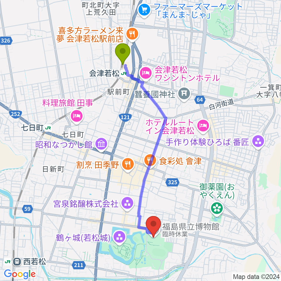 会津若松駅から福島県立博物館へのルートマップ地図