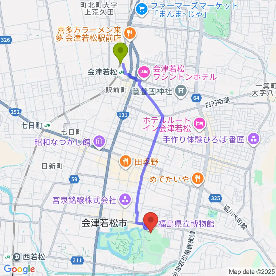 会津若松駅から福島県立博物館へのルートマップ地図