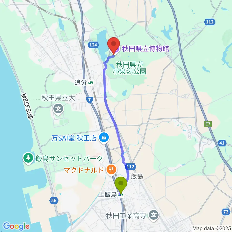 上飯島駅から秋田県立博物館へのルートマップ地図