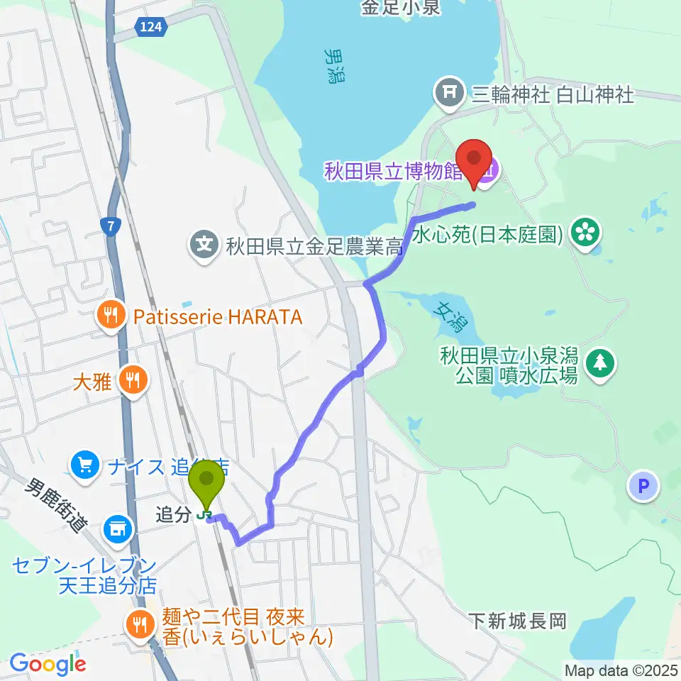 秋田県立博物館の最寄駅追分駅からの徒歩ルート（約18分）地図