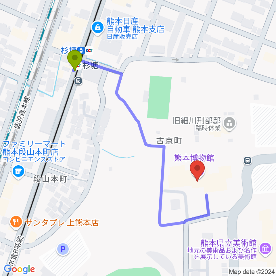 熊本博物館の最寄駅杉塘駅からの徒歩ルート（約5分）地図