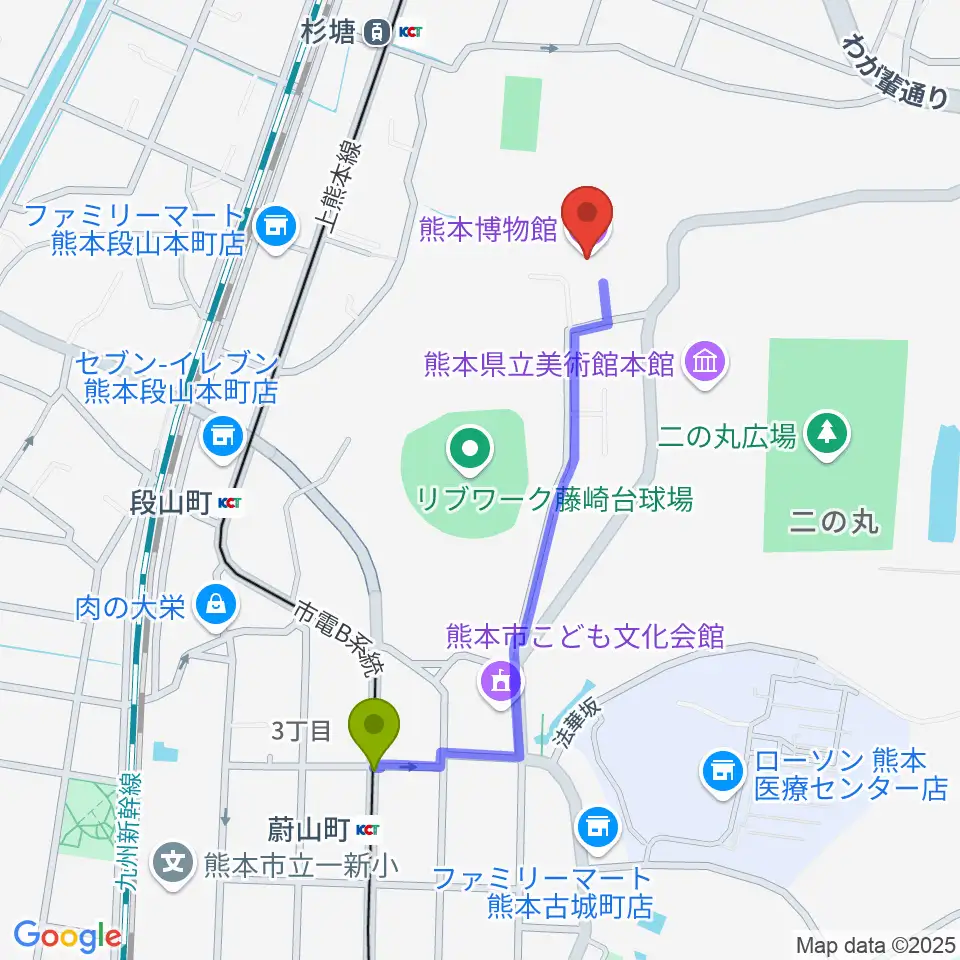 蔚山町駅から熊本博物館へのルートマップ地図