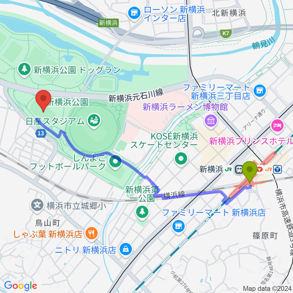 新横浜駅から日産フィールド小机へのルートマップ地図