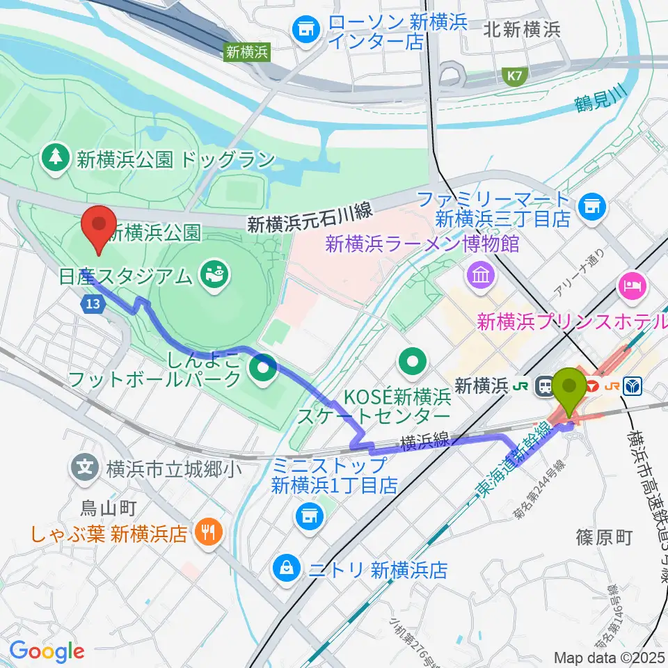 新横浜駅から日産フィールド小机へのルートマップ地図