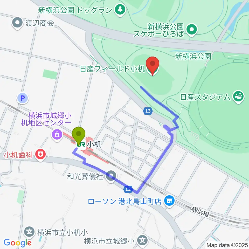 日産フィールド小机の最寄駅小机駅からの徒歩ルート（約6分）地図