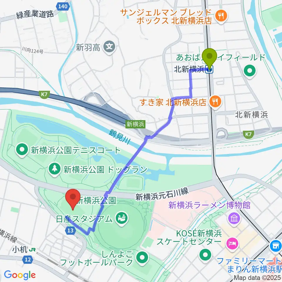 北新横浜駅から日産フィールド小机へのルートマップ地図