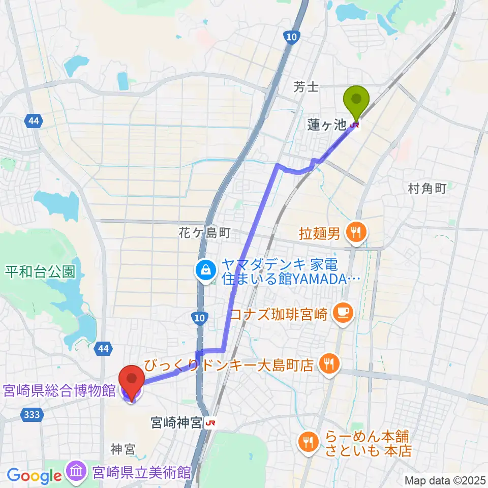 蓮ケ池駅から宮崎県総合博物館へのルートマップ地図