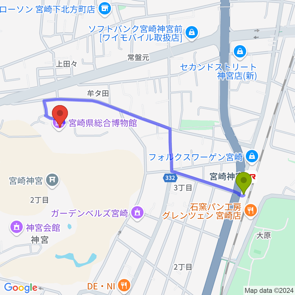 宮崎県総合博物館の最寄駅宮崎神宮駅からの徒歩ルート（約11分）地図