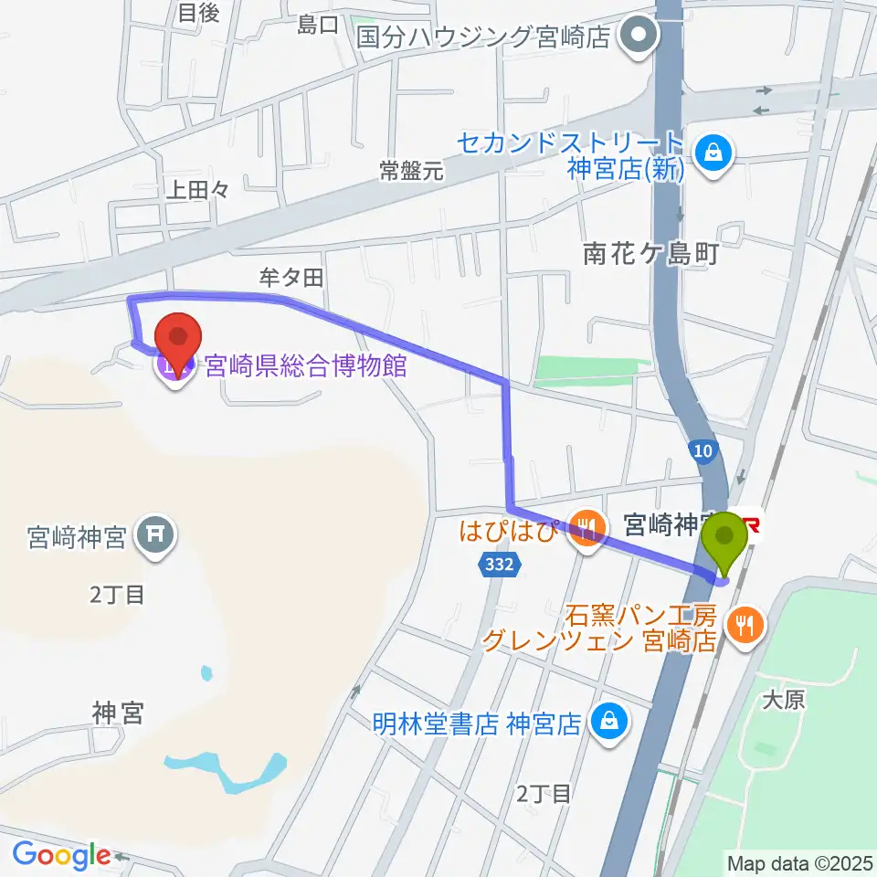 宮崎県総合博物館の最寄駅宮崎神宮駅からの徒歩ルート（約11分）地図