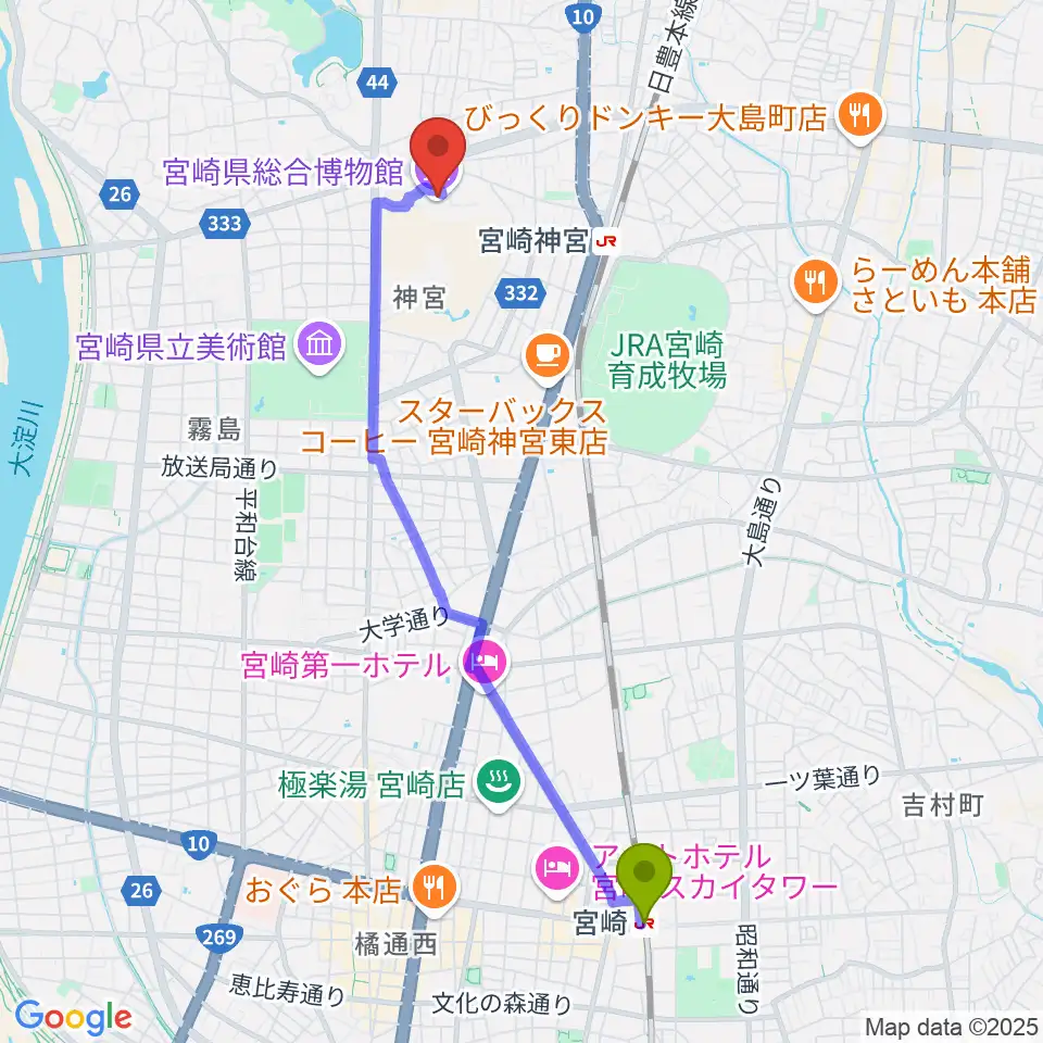 宮崎駅から宮崎県総合博物館へのルートマップ地図