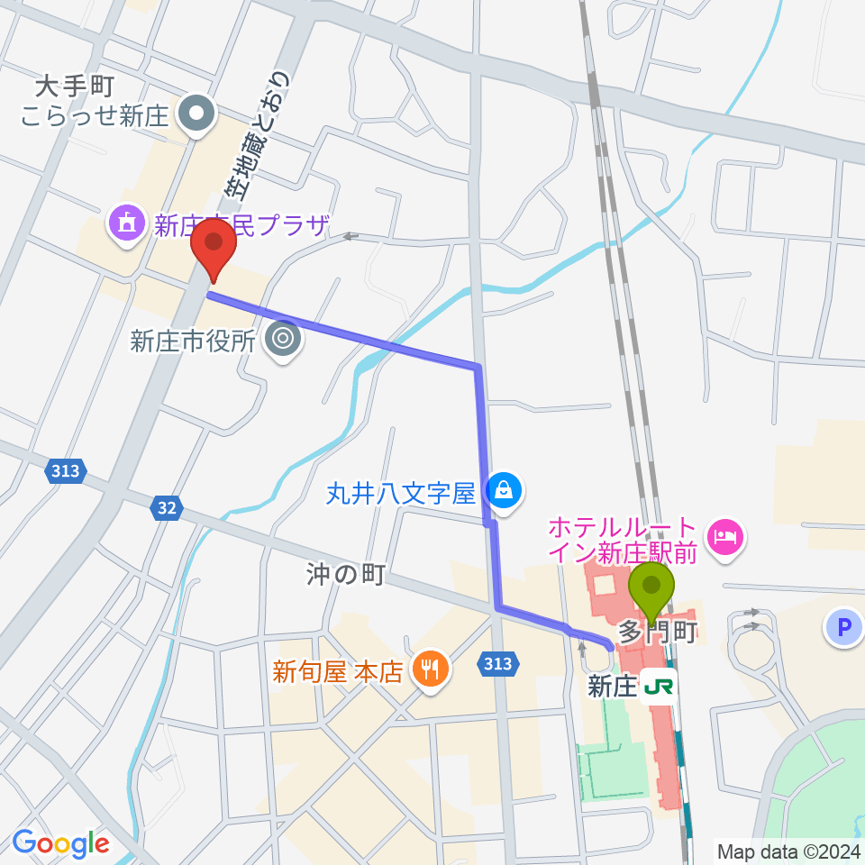 あすラジの最寄駅新庄駅からの徒歩ルート（約10分）地図