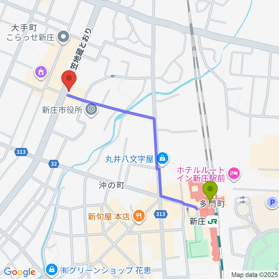 あすラジの最寄駅新庄駅からの徒歩ルート（約10分）地図