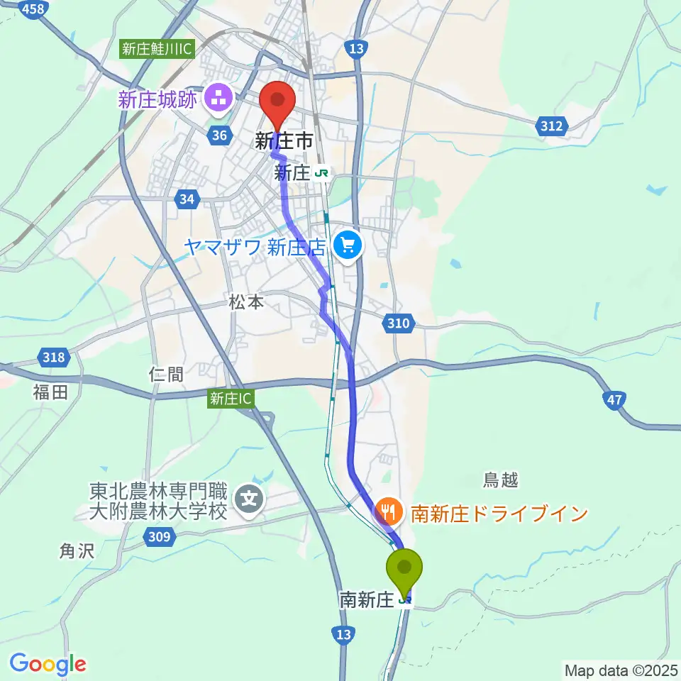南新庄駅からあすラジへのルートマップ地図