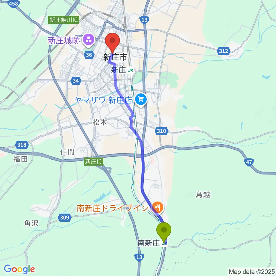 南新庄駅からあすラジへのルートマップ地図