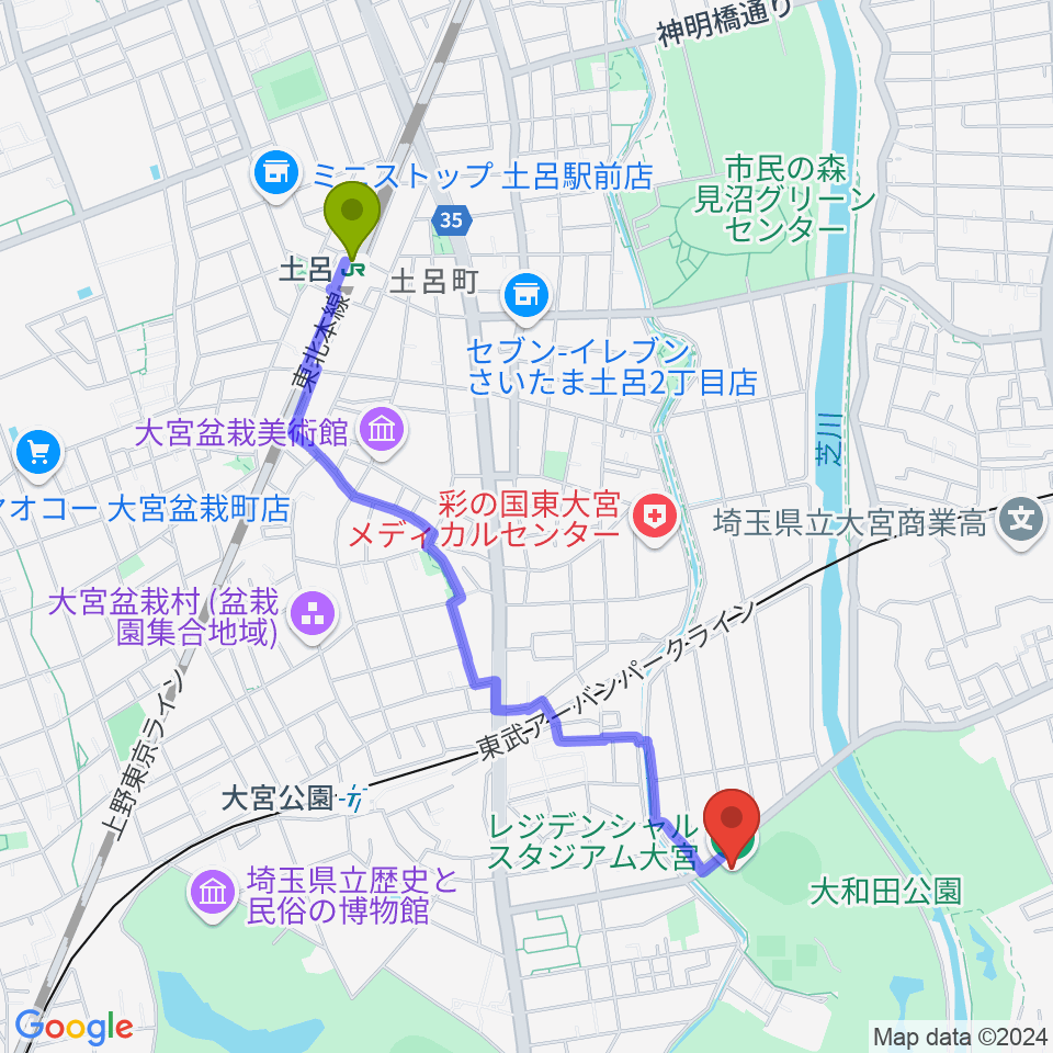 土呂駅からレジデンシャルスタジアム大宮へのルートマップ地図