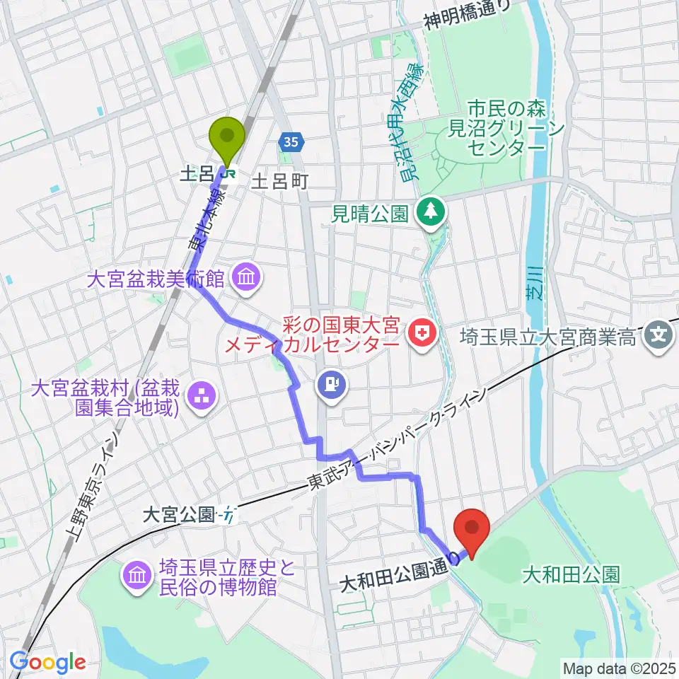 土呂駅からレジデンシャルスタジアム大宮へのルートマップ地図