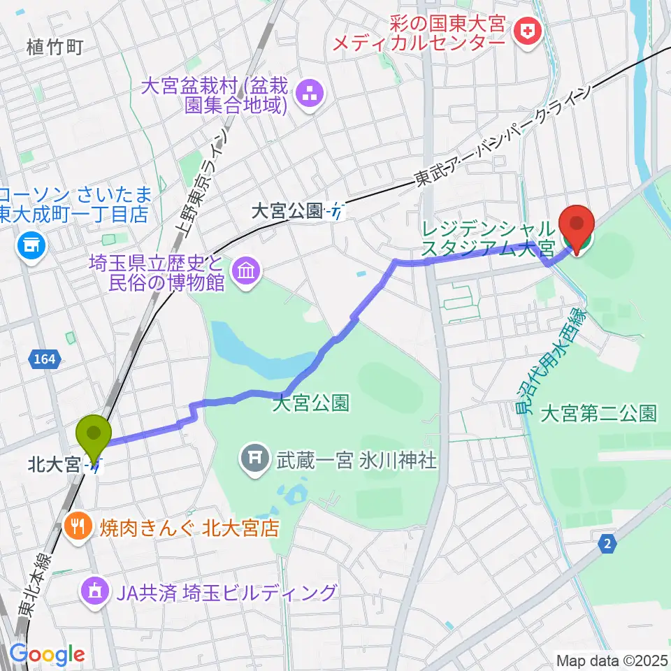 北大宮駅からレジデンシャルスタジアム大宮へのルートマップ地図