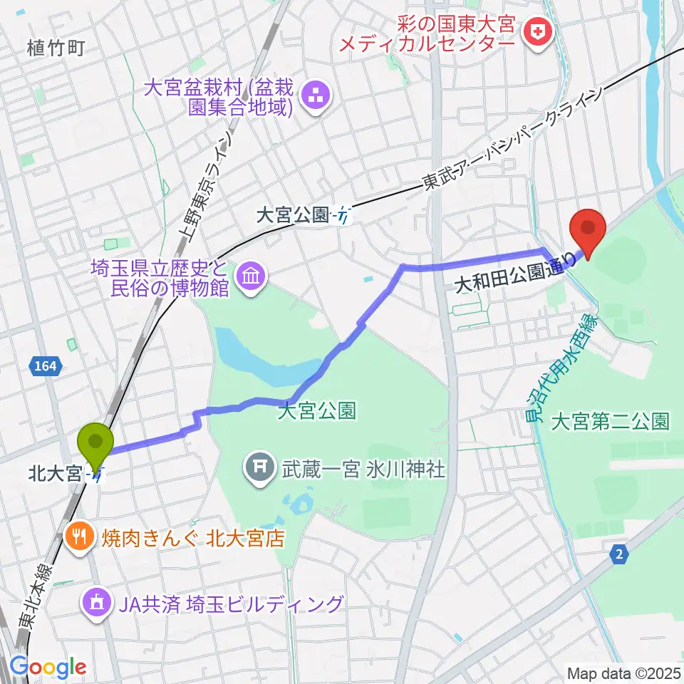 北大宮駅からレジデンシャルスタジアム大宮へのルートマップ地図