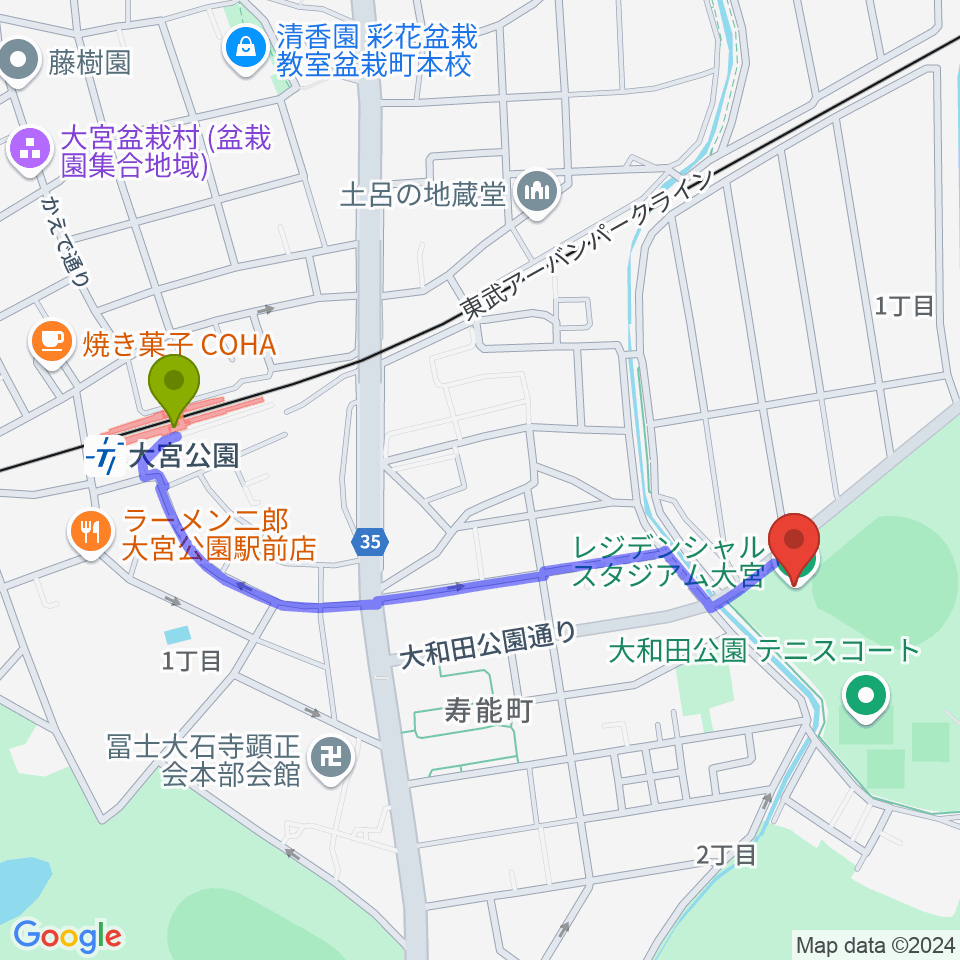 レジデンシャルスタジアム大宮の最寄駅大宮公園駅からの徒歩ルート（約10分）地図