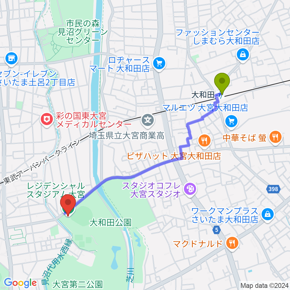 大和田駅からレジデンシャルスタジアム大宮へのルートマップ地図