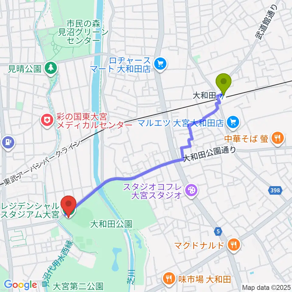 大和田駅からレジデンシャルスタジアム大宮へのルートマップ地図